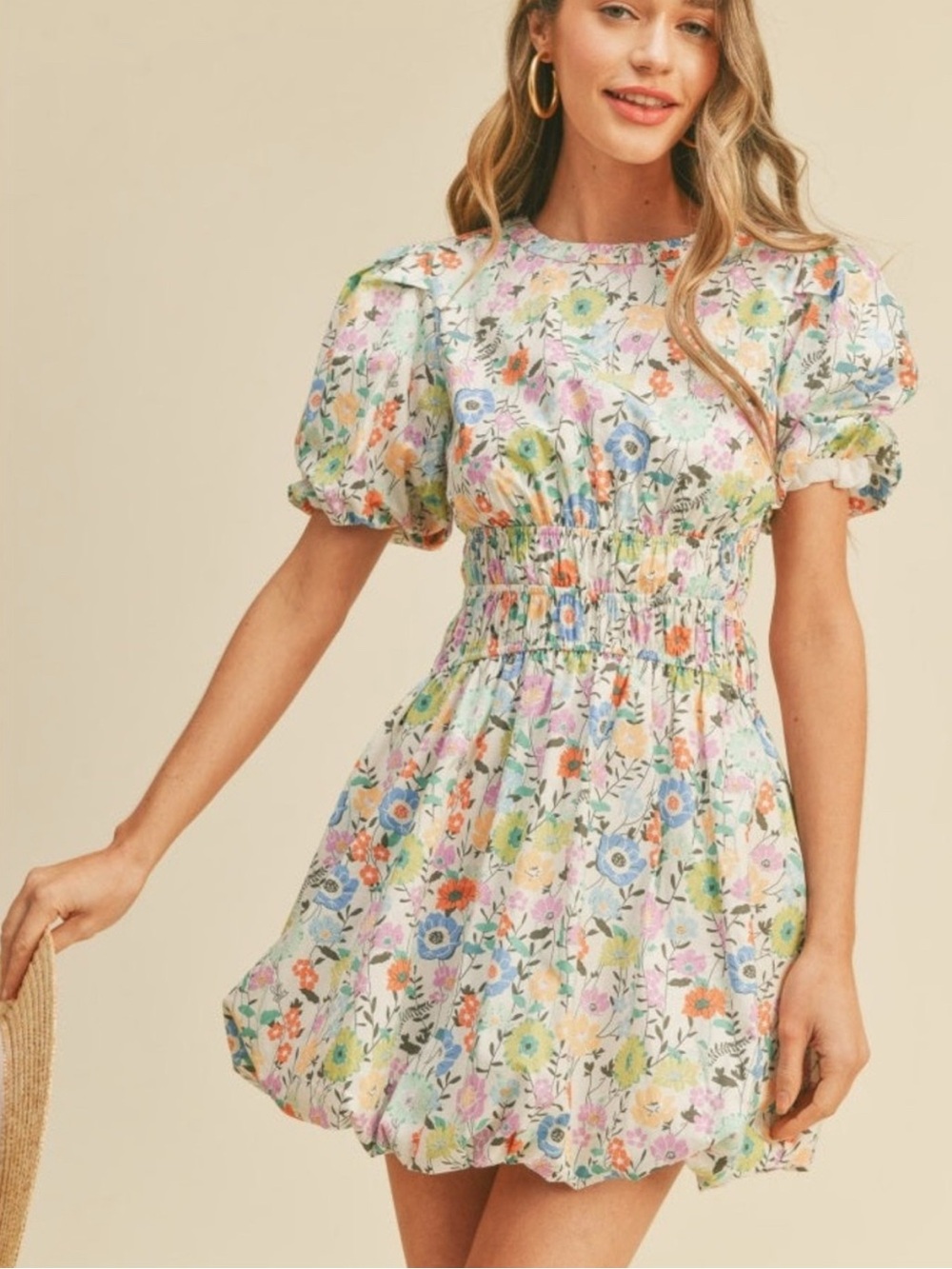 &Merci Puff-Sleeve Smocked Waist Bubble Mini Dress - Ivory Multi-color floral